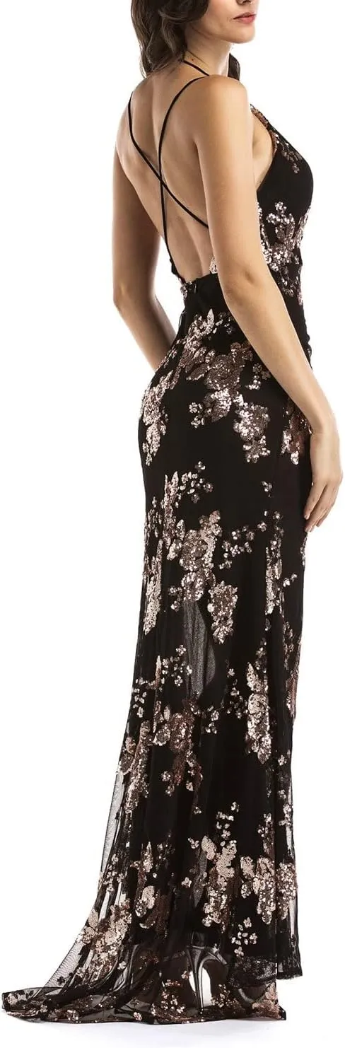 BerryGo Women's Sexy V Neck Bodycon Sequin Gown Evening Dress with Slit