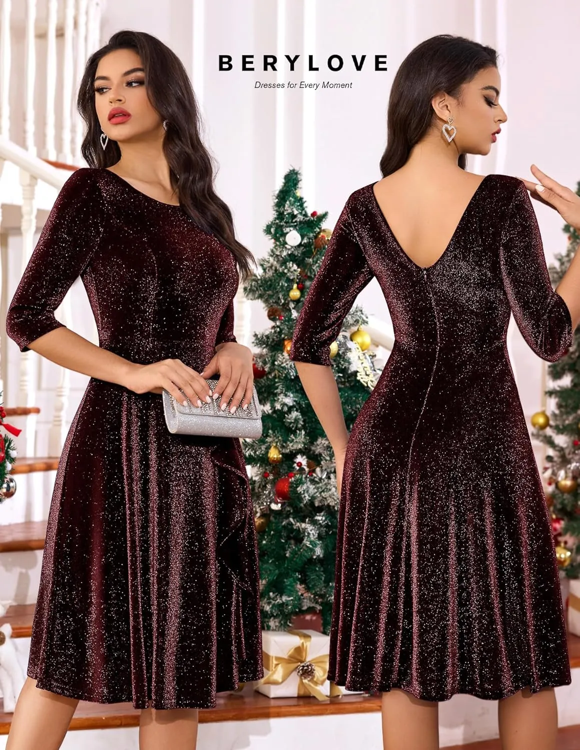 BeryLove Women Glitter Formal Party Dress 3/4 Sleeve Sparkly Cocktail Midi Prom Dress