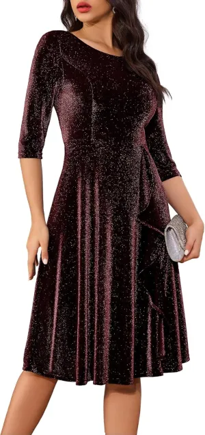 BeryLove Women Glitter Formal Party Dress 3/4 Sleeve Sparkly Cocktail Midi Prom Dress