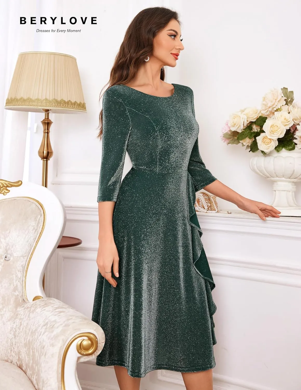 BeryLove Women Glitter Formal Party Dress 3/4 Sleeve Sparkly Cocktail Midi Prom Dress