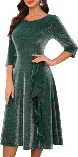 BeryLove Women Glitter Formal Party Dress 3/4 Sleeve Sparkly Cocktail Midi Prom Dress