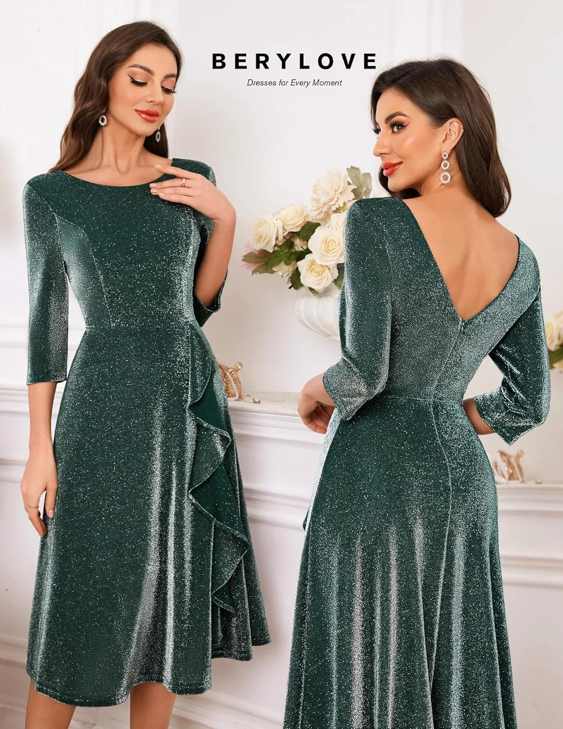 BeryLove Women Glitter Formal Party Dress 3/4 Sleeve Sparkly Cocktail Midi Prom Dress