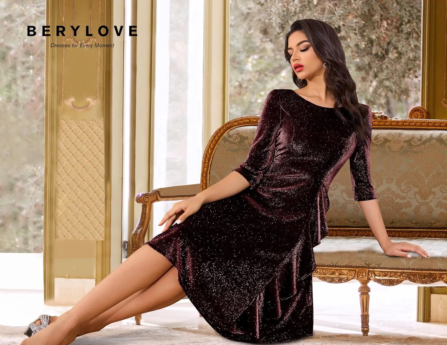 BeryLove Women Glitter Formal Party Dress 3/4 Sleeve Sparkly Cocktail Midi Prom Dress