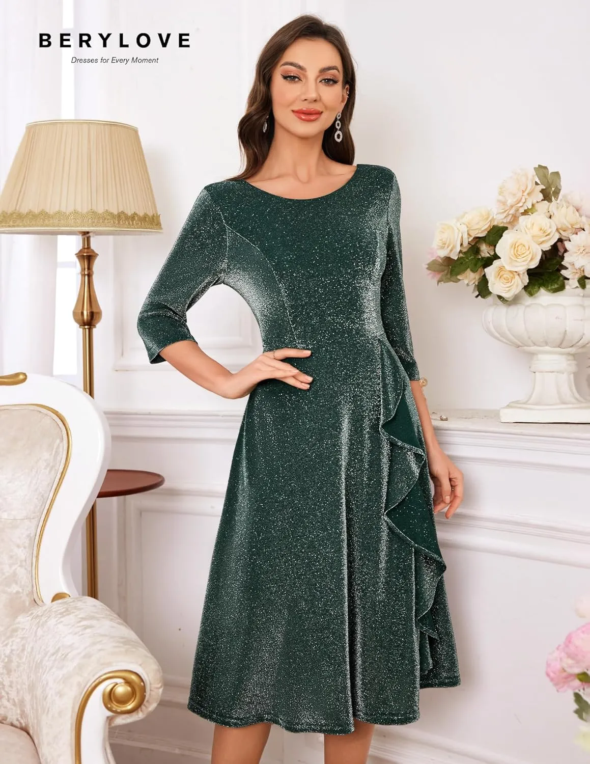 BeryLove Women Glitter Formal Party Dress 3/4 Sleeve Sparkly Cocktail Midi Prom Dress