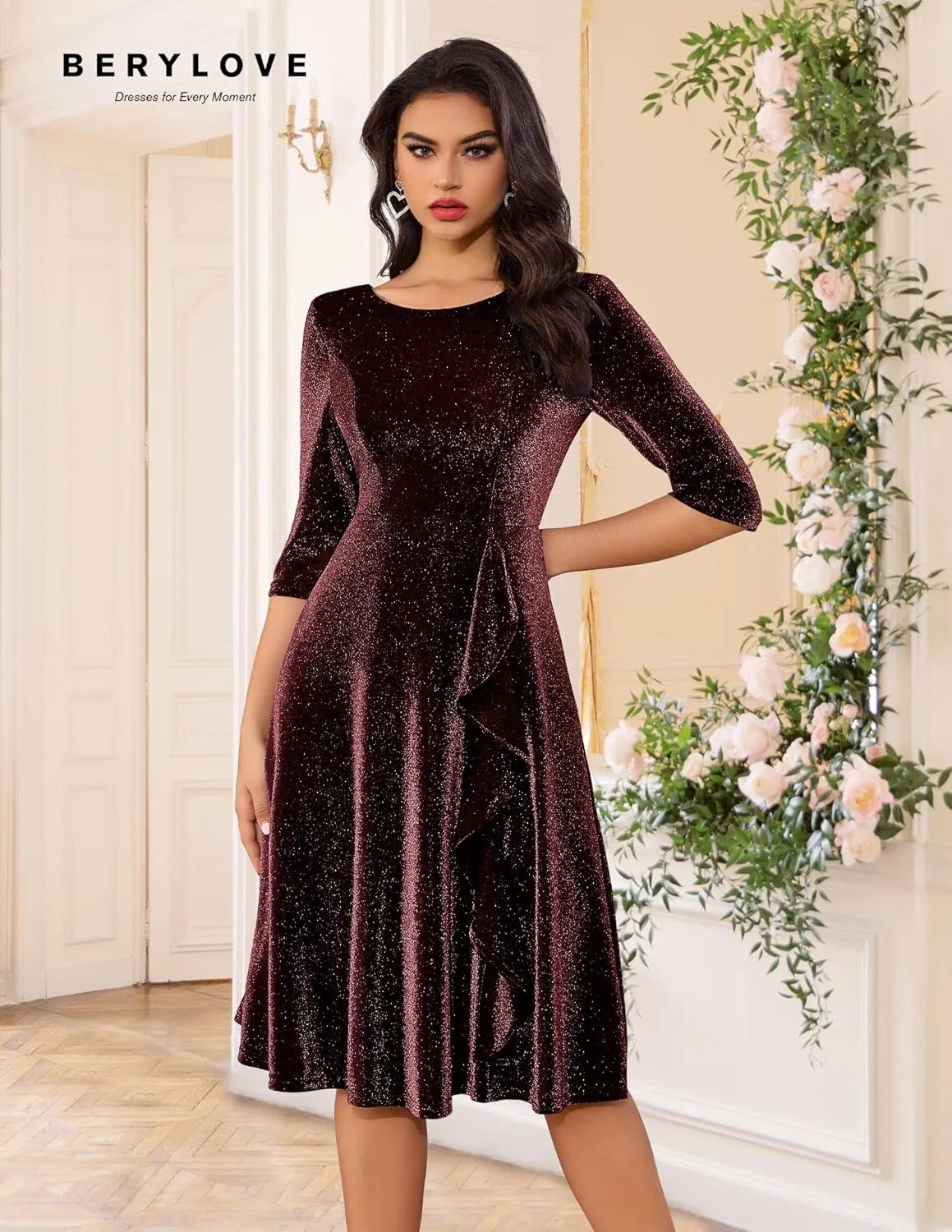 BeryLove Women Glitter Formal Party Dress 3/4 Sleeve Sparkly Cocktail Midi Prom Dress