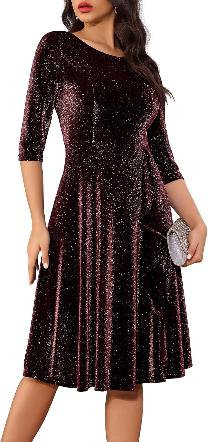 BeryLove Women Glitter Formal Party Dress 3/4 Sleeve Sparkly Cocktail Midi Prom Dress
