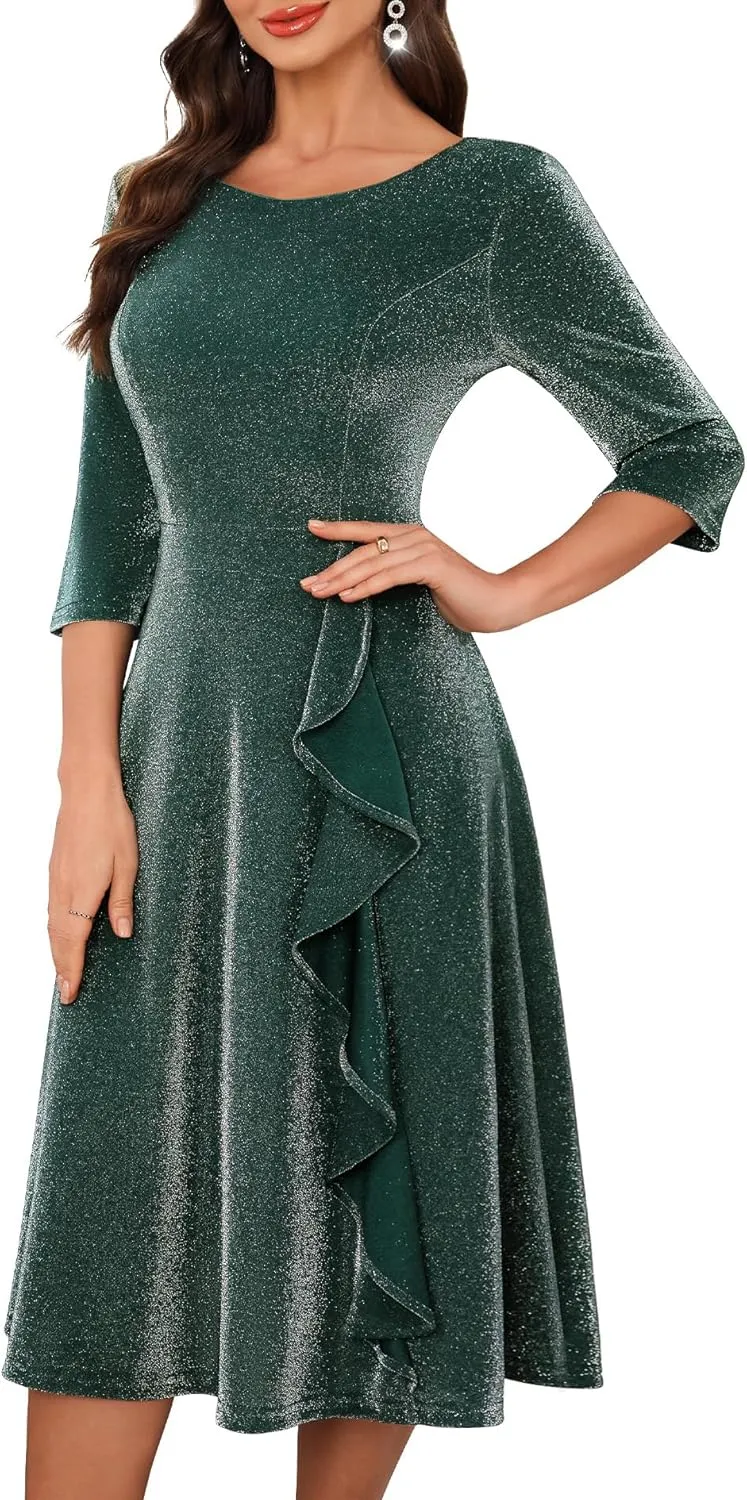 BeryLove Women Glitter Formal Party Dress 3/4 Sleeve Sparkly Cocktail Midi Prom Dress
