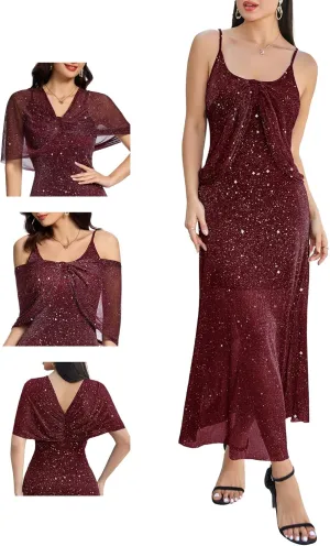 BeryLove Women Sequin Formal Party Dress Cocktail Evening Gown Wedding Dresses with Shawl