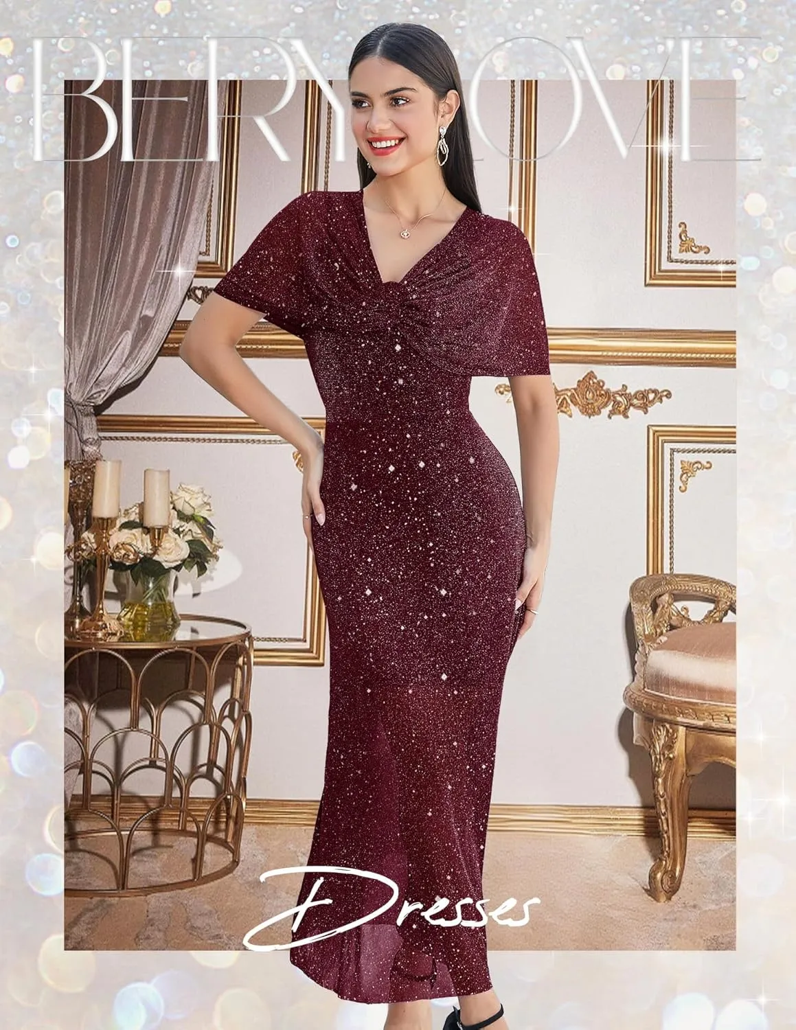 BeryLove Women Sequin Formal Party Dress Cocktail Evening Gown Wedding Dresses with Shawl