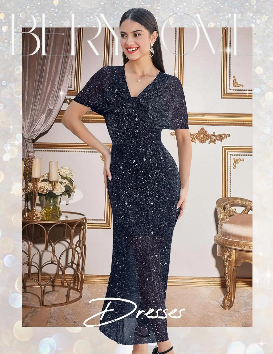 BeryLove Women Sequin Formal Party Dress Cocktail Evening Gown Wedding Dresses with Shawl
