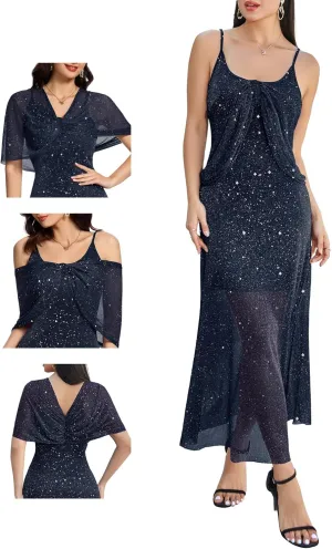 BeryLove Women Sequin Formal Party Dress Cocktail Evening Gown Wedding Dresses with Shawl