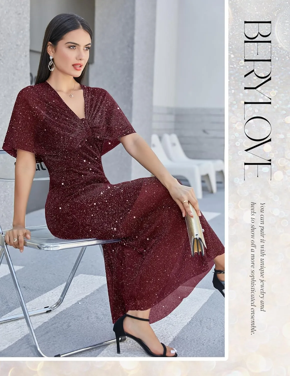 BeryLove Women Sequin Formal Party Dress Cocktail Evening Gown Wedding Dresses with Shawl