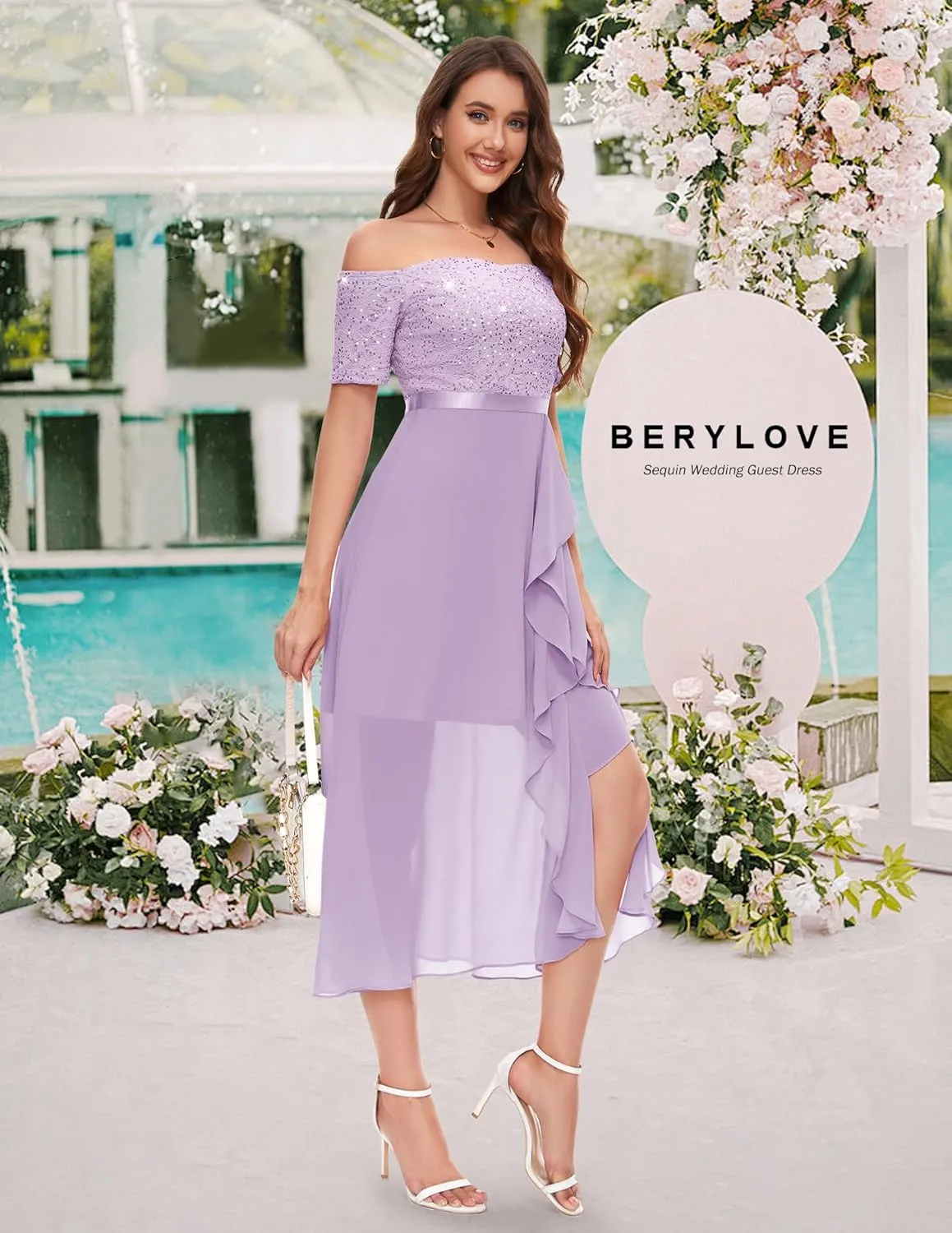 BeryLove Women Sequin Formal Party Dress Off Shoulder Wedding Cocktail Midi Evening Dress