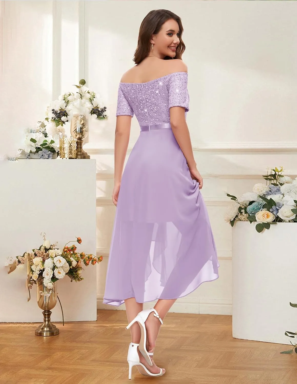 BeryLove Women Sequin Formal Party Dress Off Shoulder Wedding Cocktail Midi Evening Dress