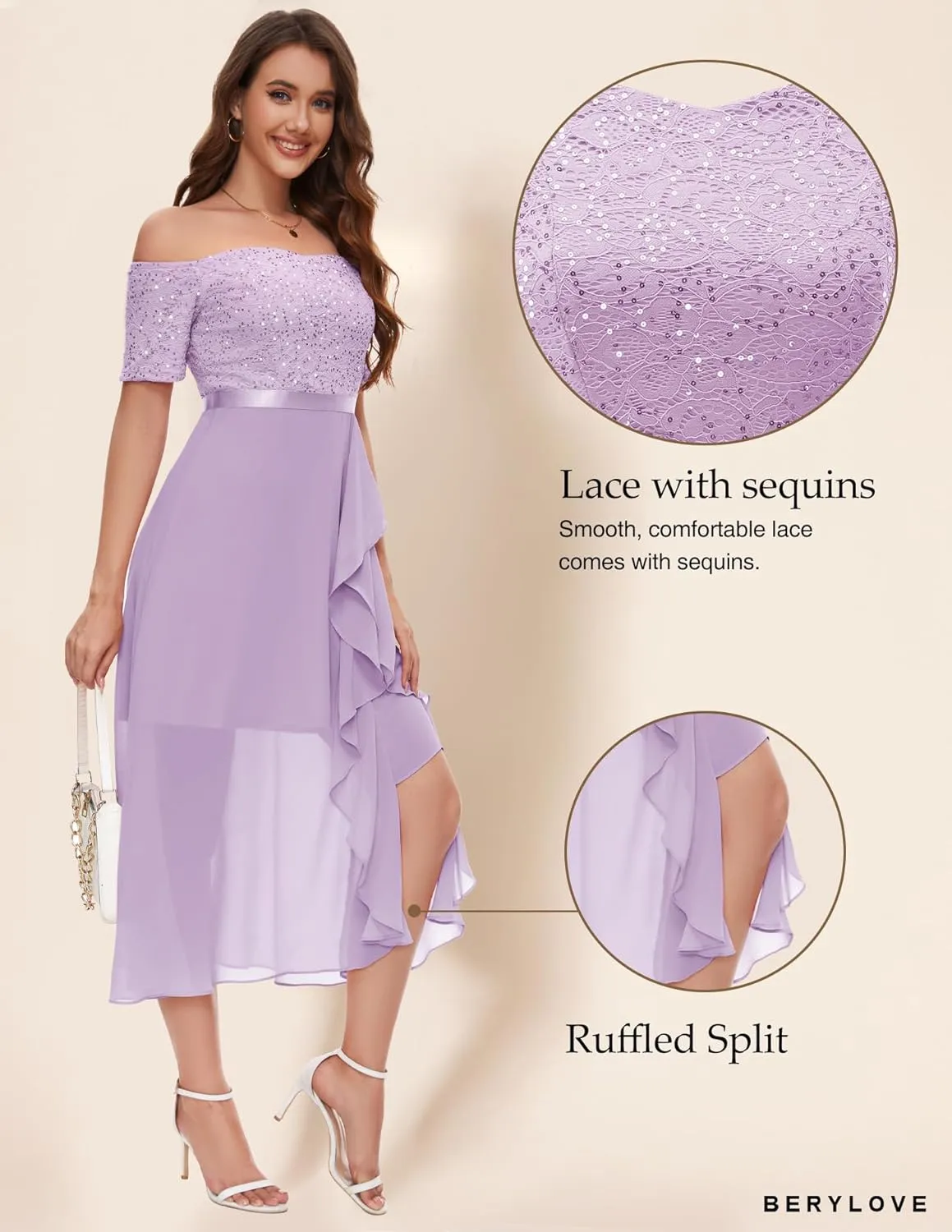 BeryLove Women Sequin Formal Party Dress Off Shoulder Wedding Cocktail Midi Evening Dress
