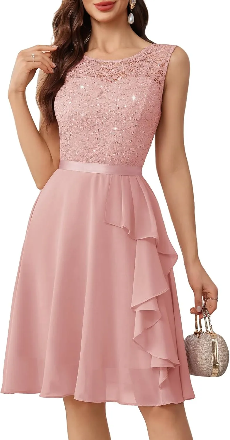 BeryLove Women's Cocktail Dresses Prom Wedding Guest Short Bridesmaid Dresses Ruffle Hem Sleeveless Lace Formal Dress