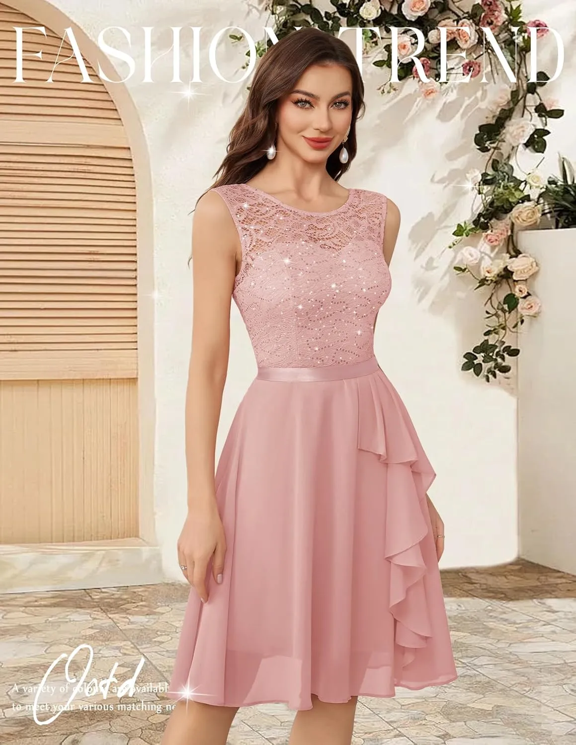 BeryLove Women's Cocktail Dresses Prom Wedding Guest Short Bridesmaid Dresses Ruffle Hem Sleeveless Lace Formal Dress