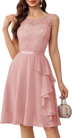 BeryLove Women's Cocktail Dresses Prom Wedding Guest Short Bridesmaid Dresses Ruffle Hem Sleeveless Lace Formal Dress