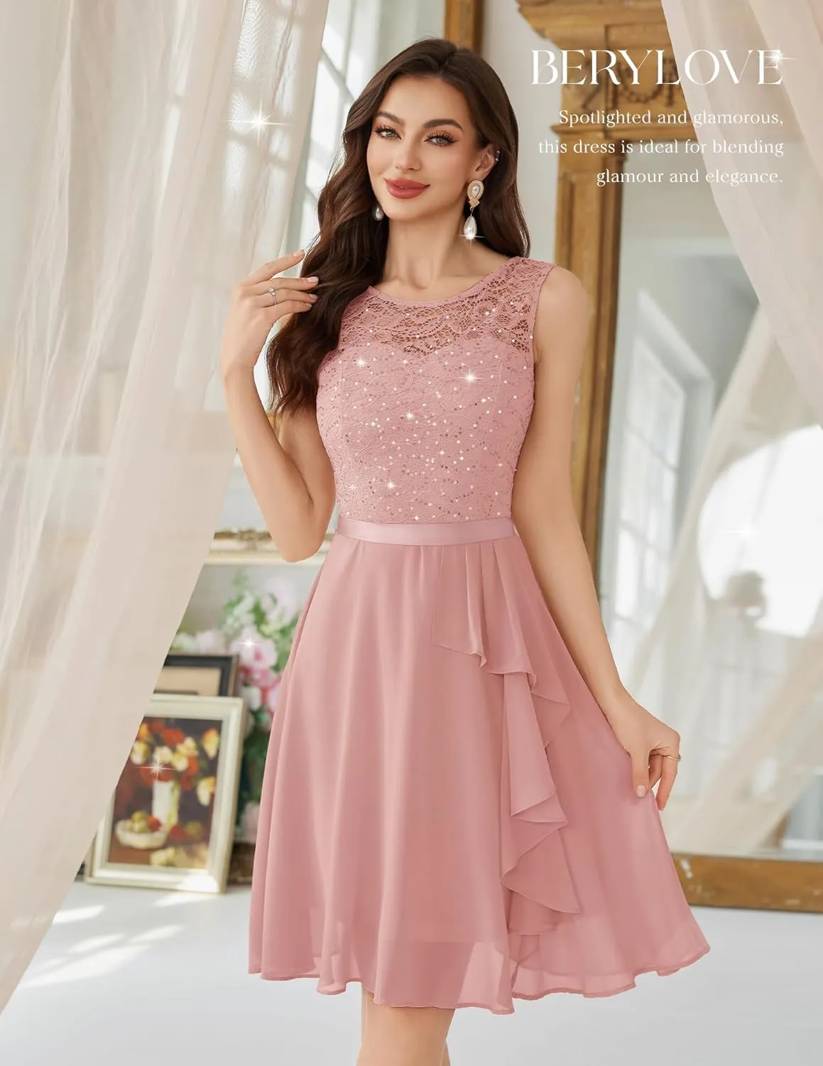 BeryLove Women's Cocktail Dresses Prom Wedding Guest Short Bridesmaid Dresses Ruffle Hem Sleeveless Lace Formal Dress