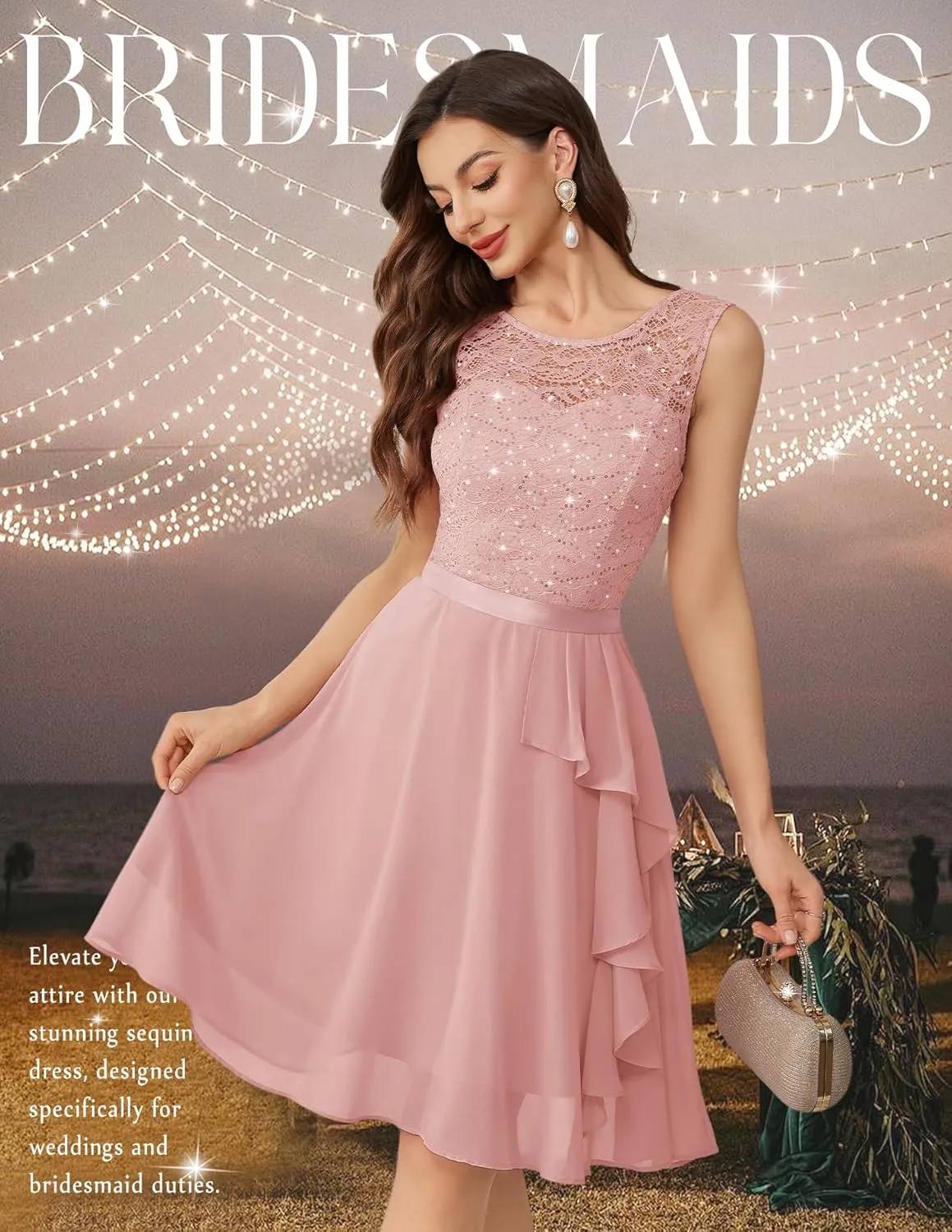 BeryLove Women's Cocktail Dresses Prom Wedding Guest Short Bridesmaid Dresses Ruffle Hem Sleeveless Lace Formal Dress