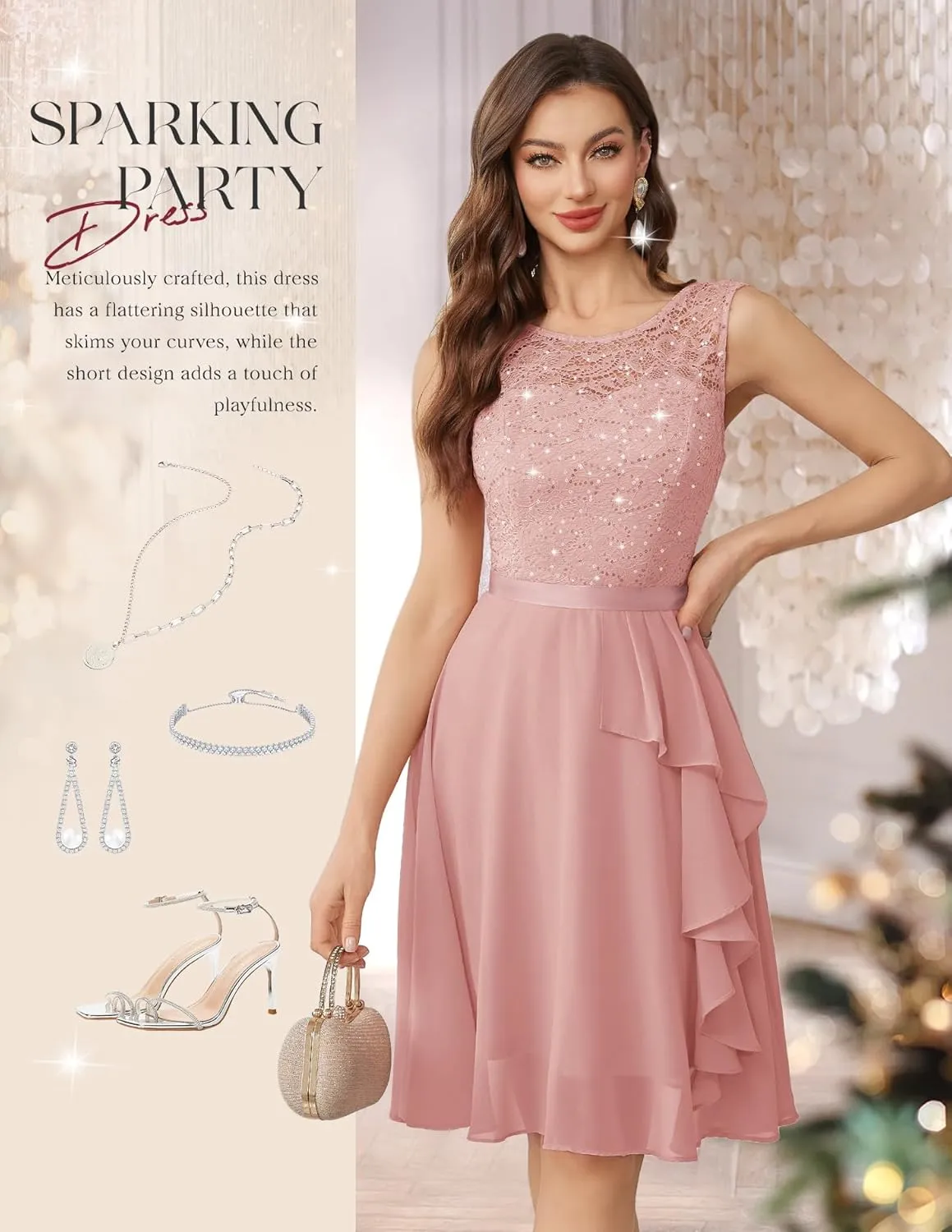 BeryLove Women's Cocktail Dresses Prom Wedding Guest Short Bridesmaid Dresses Ruffle Hem Sleeveless Lace Formal Dress