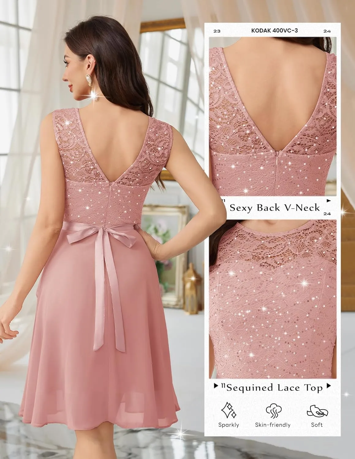 BeryLove Women's Cocktail Dresses Prom Wedding Guest Short Bridesmaid Dresses Ruffle Hem Sleeveless Lace Formal Dress