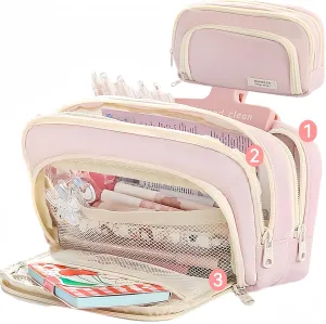Big Capacity Pencil Case 3 Compartments Large Pencil Pouch Pen Bag Pencil Box Holder Organizer Simple Storage Aesthetic Stationery Cosmetic for Adults Men Women Office Essentials (Pink)
