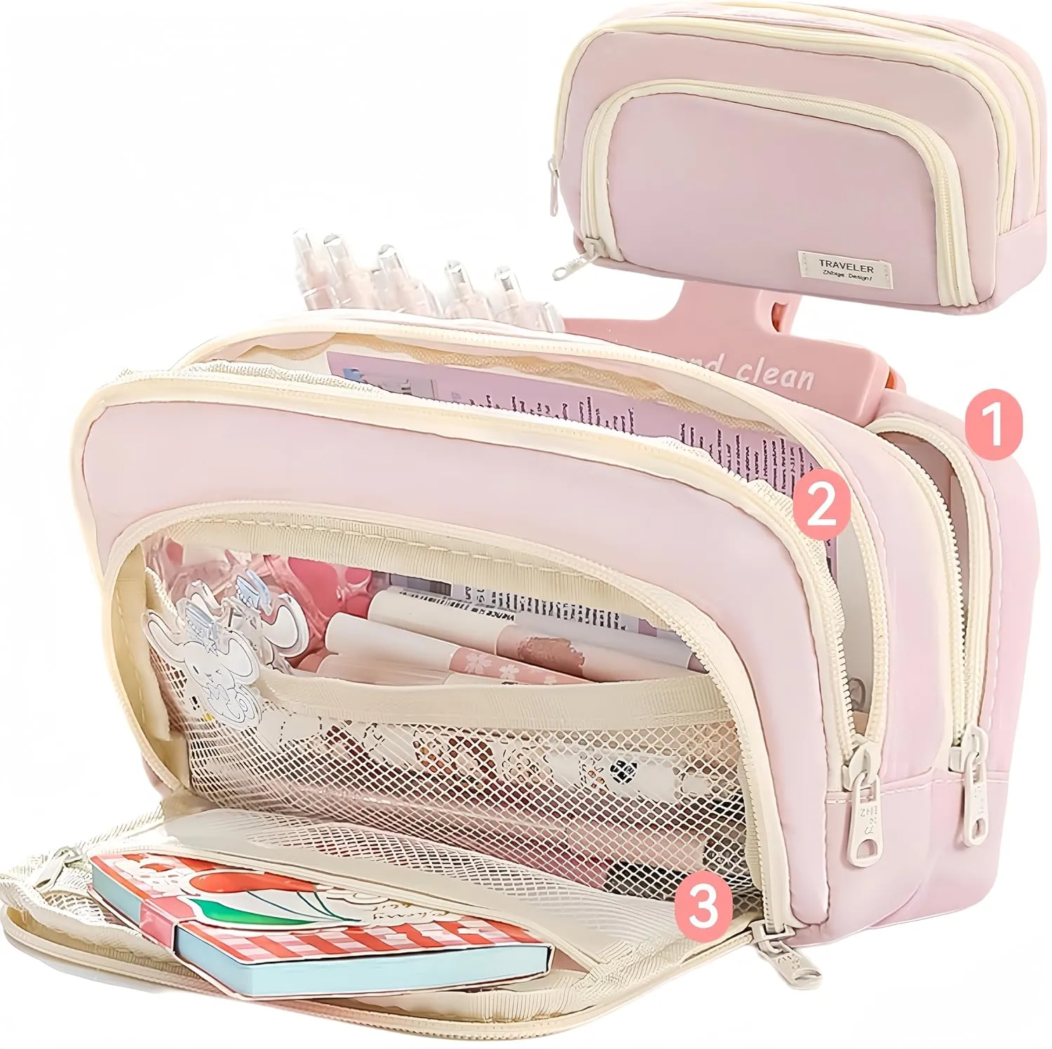 Big Capacity Pencil Case 3 Compartments Large Pencil Pouch Pen Bag Pencil Box Holder Organizer Simple Storage Aesthetic Stationery Cosmetic for Adults Men Women Office Essentials (Pink)