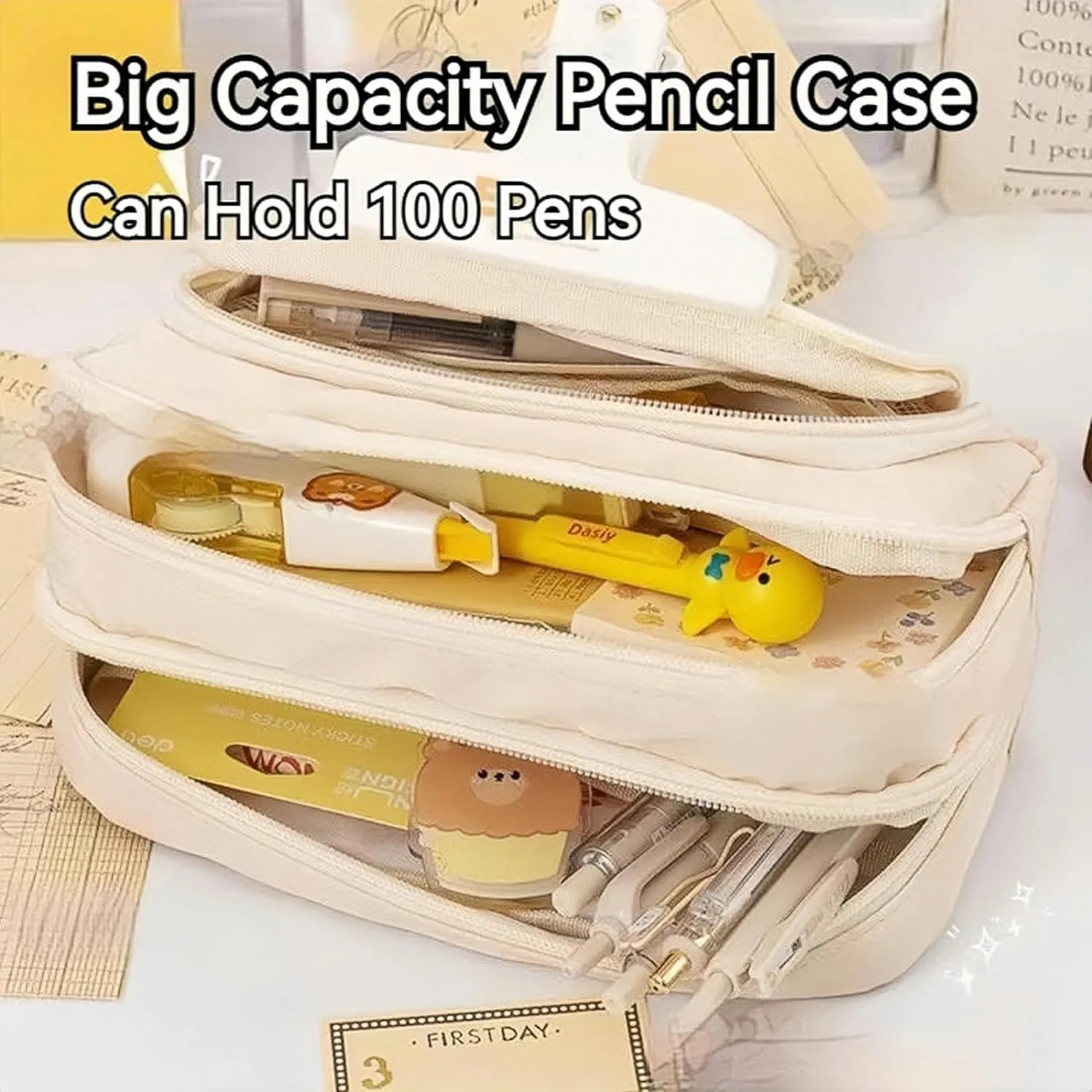 Big Capacity Pencil Case 3 Compartments Large Pencil Pouch Pen Bag Pencil Box Holder Organizer Simple Storage Aesthetic Stationery Cosmetic for Adults Men Women Office Essentials (Pink)