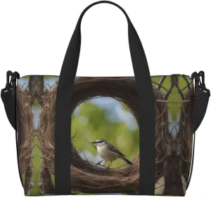 Birds Nest Print Tote Crossbody Travel Bag with Zip Casual Handbag for Weekend Trips and Gym Shopping, Black, One Size, Travel Tote
