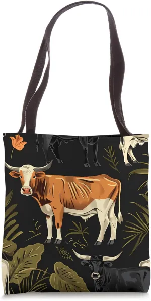 Black Art Deco Tropical Cows Ranch Pasture Design Tote Bag