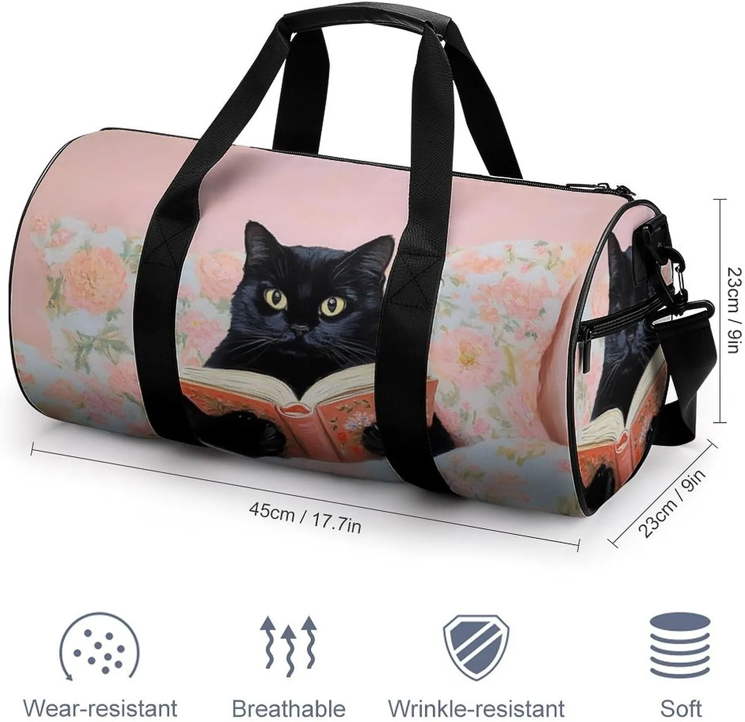 Black Cat Reading on A Bed Travel Gym Bag for Women Men Cylindrical Duffle Bag Sport Workout Bag with Shoulder Strap
