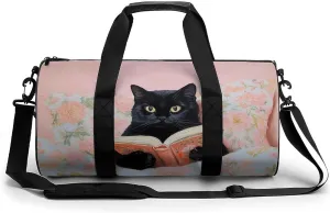 Black Cat Reading on A Bed Travel Gym Bag for Women Men Cylindrical Duffle Bag Sport Workout Bag with Shoulder Strap