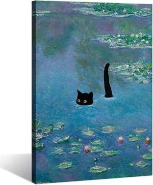 Black Cat Wall Art Painting, Monet's Black Cat in Water Lily Pond, 12x16-Inch Framed Canvas Wall Art for Living Room, Bedroom, Bathroom Decor, Vintage Prints Funny Gifts