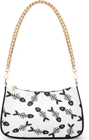 Black Fishbone Womens Shoulder Bag for Women Girls Hobo Tote Handbag Gold Chain Crossbody Bag with Zipper Clutch Purse Handbags