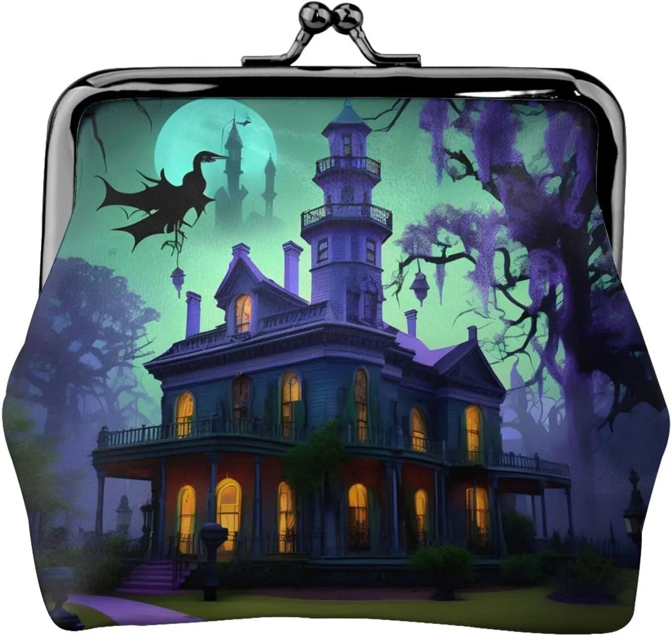 Black Haunted Mansion print Coin Purse, Mini Change Purse for Women Small Coin Purse for Credit Card ID Key