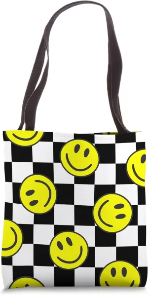 black white happy face check groovy 1960s mod checker cute Tote Bag