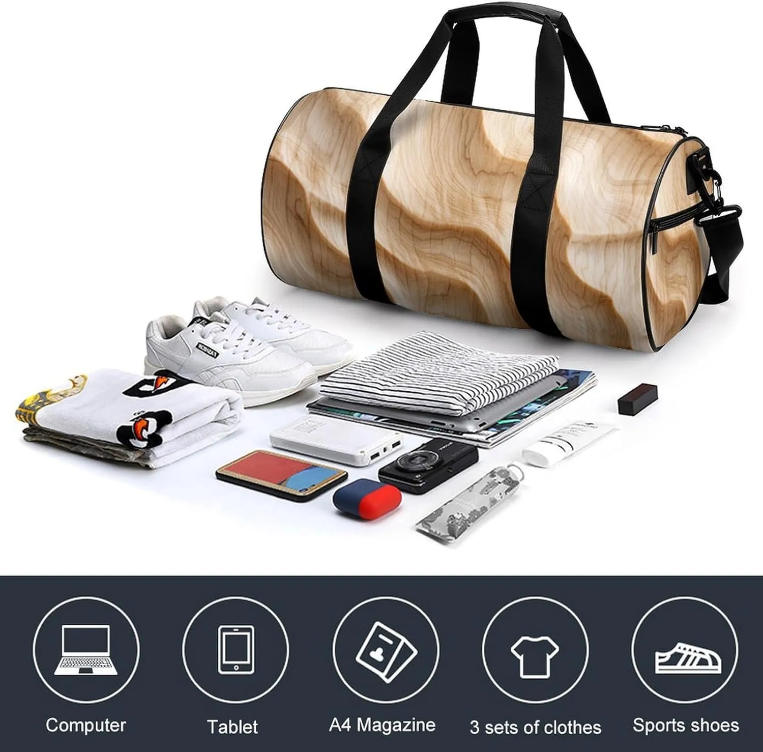 Blond Maple Wood Texture Travel Gym Bag for Women Men Cylindrical Duffle Bag Sport Workout Bag with Shoulder Strap