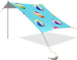 Blue Beach Ball Summer Designed UPF50  Protection Foldable Beach Canopy Waterproof Large Portable Sun Shelter with Sandbags & Sand Shovel for Family Trips, Picnics & Camping tapete para Playa