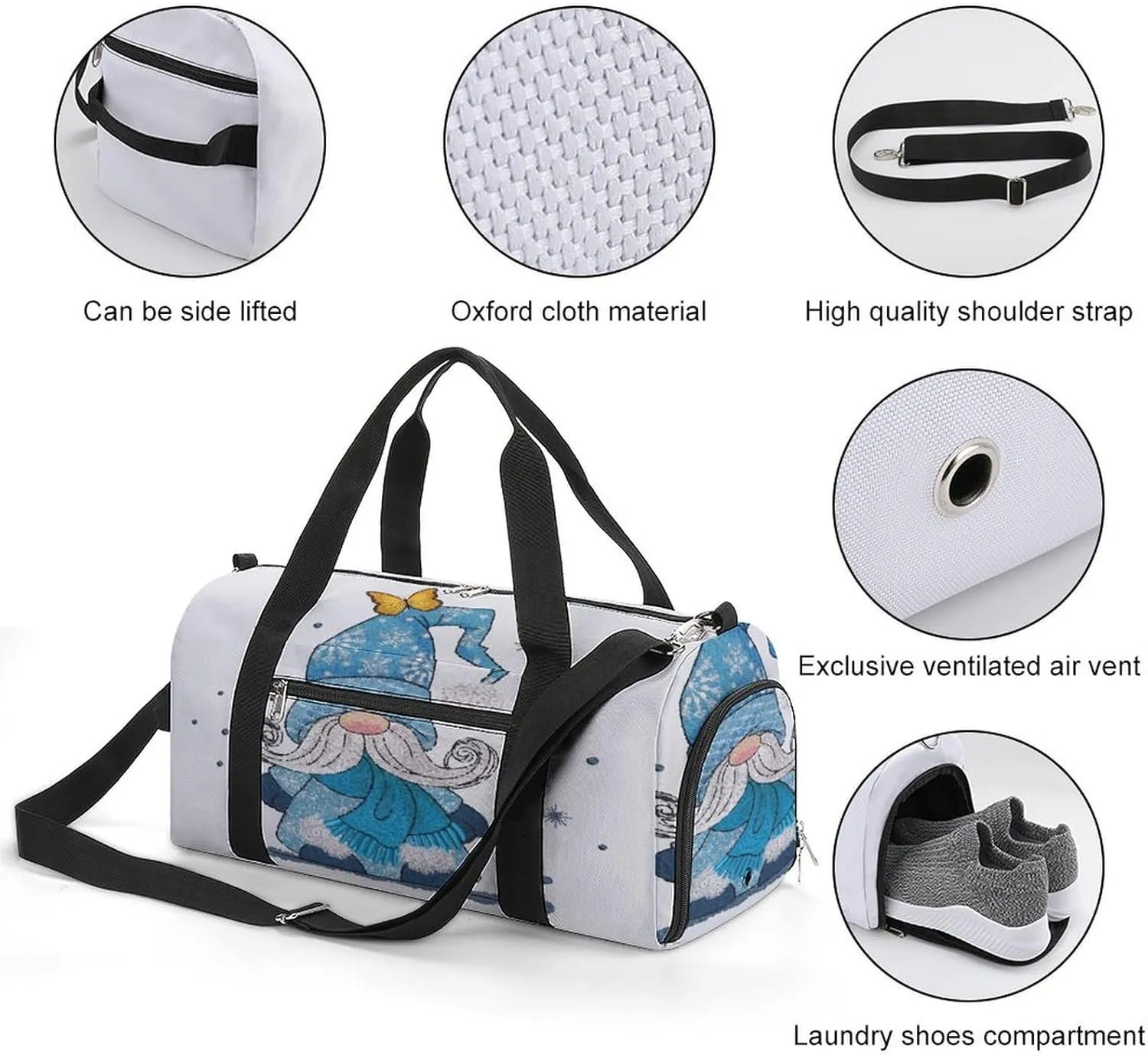 Blue Gnome Butterfly Watercolor Duffel Bag for Men Women with Shoe Compartment Waterproof Gym Travel