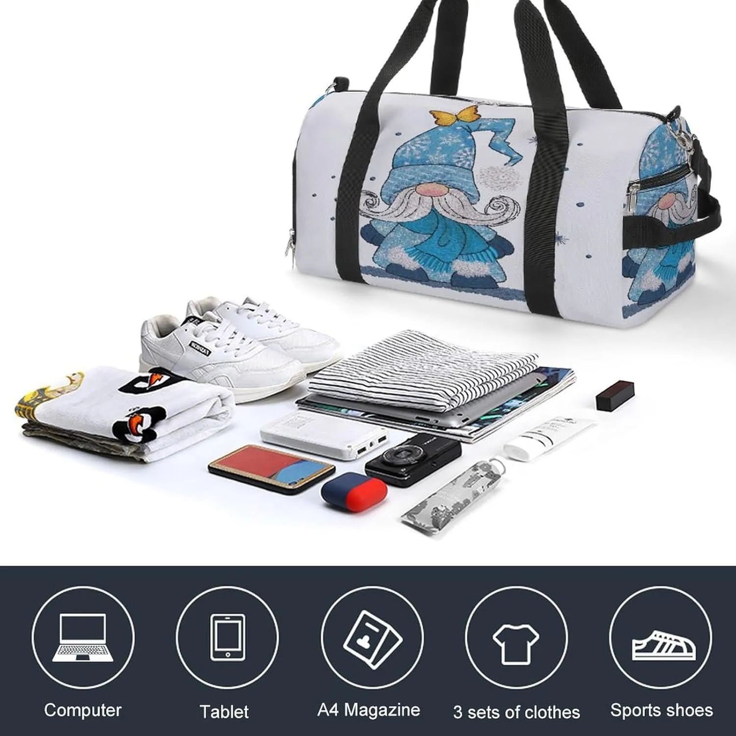 Blue Gnome Butterfly Watercolor Duffel Bag for Men Women with Shoe Compartment Waterproof Gym Travel
