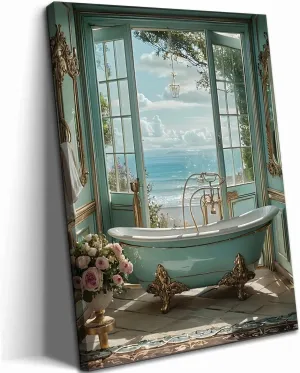 Blue Ocean Theme Bathroom Canvas Wall Art Vintage Teal Bathtub Picture Wall Decor Light Blue Beach Poster Coastal Windows Sea View Painting Print Artwork for Bathroom Toilet Restroom Home Decoration