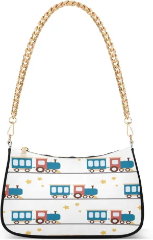 Blue Red Steam Locomotive Train Stars Womens Shoulder Bag for Women Girls Hobo Tote Handbag Gold Chain Crossbody Bag with Zipper Clutch Purse Handbags