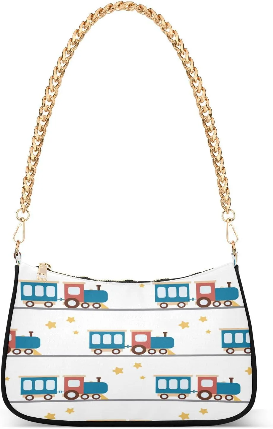 Blue Red Steam Locomotive Train Stars Womens Shoulder Bag for Women Girls Hobo Tote Handbag Gold Chain Crossbody Bag with Zipper Clutch Purse Handbags
