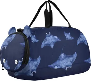 Blue Stingray and Tropical Fish Sports Duffle Bag for Girls Boys, Gym Bag with Shoe Compartment, Kids Travel Overnight Weekender Shoulder Bag