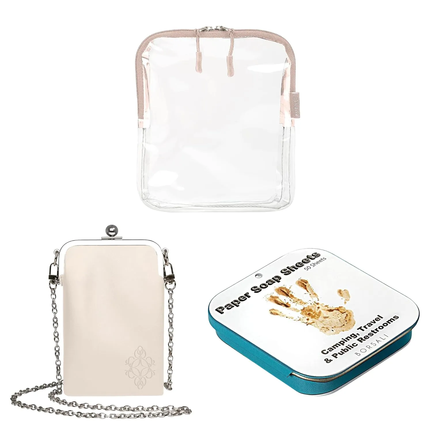 BORSALI Taupe TSA Quart Size Bag Approved for Carry On Travel with Cream Small Crossbody Bag for Women and Paper Soap Sheets 1 Case with 50 Sheets To Go