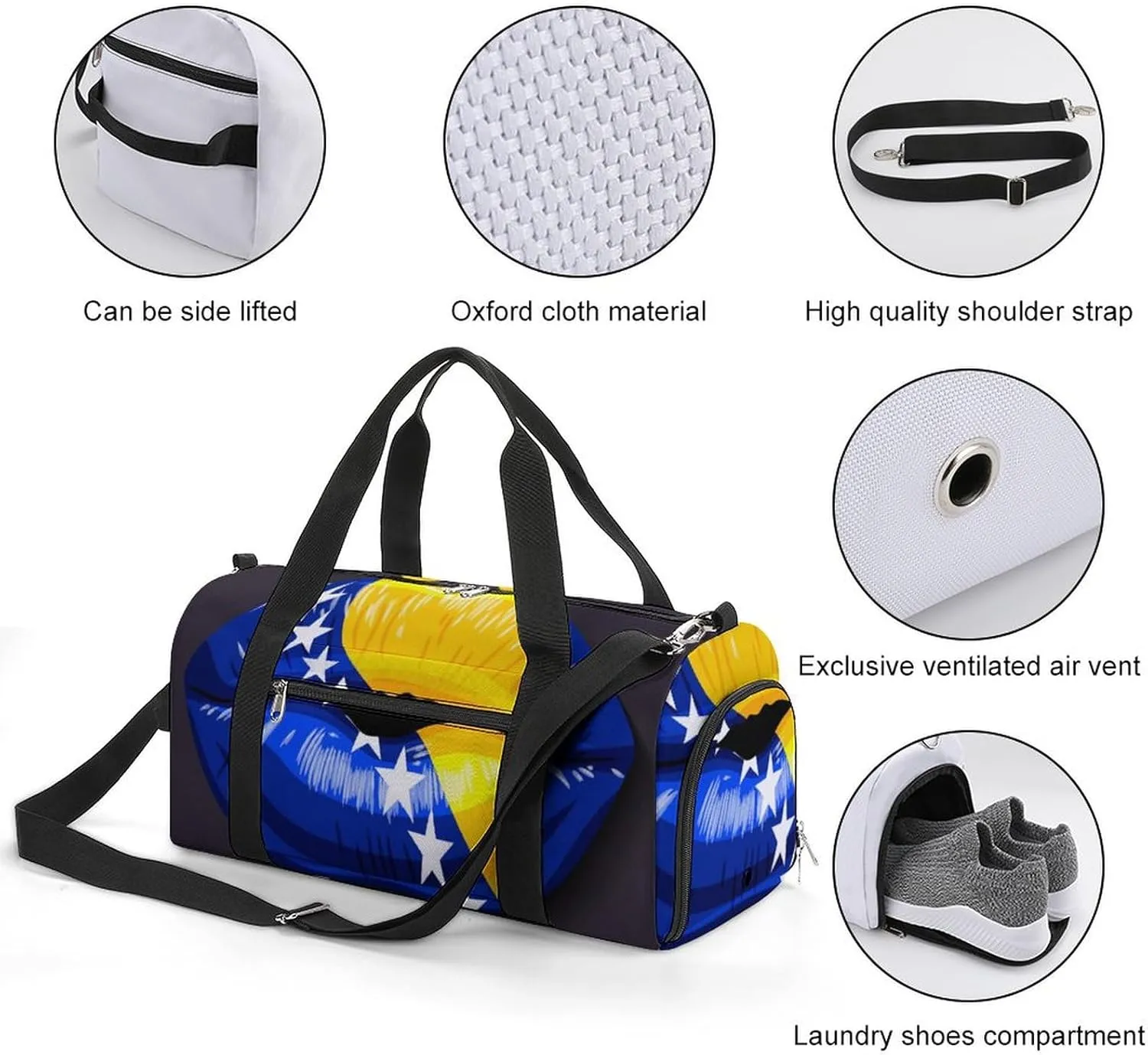 Bosnia Herzegovina Flag Lips Gym Bag for Women Men Lightweight Duffel with Shoe Compartment Weekender