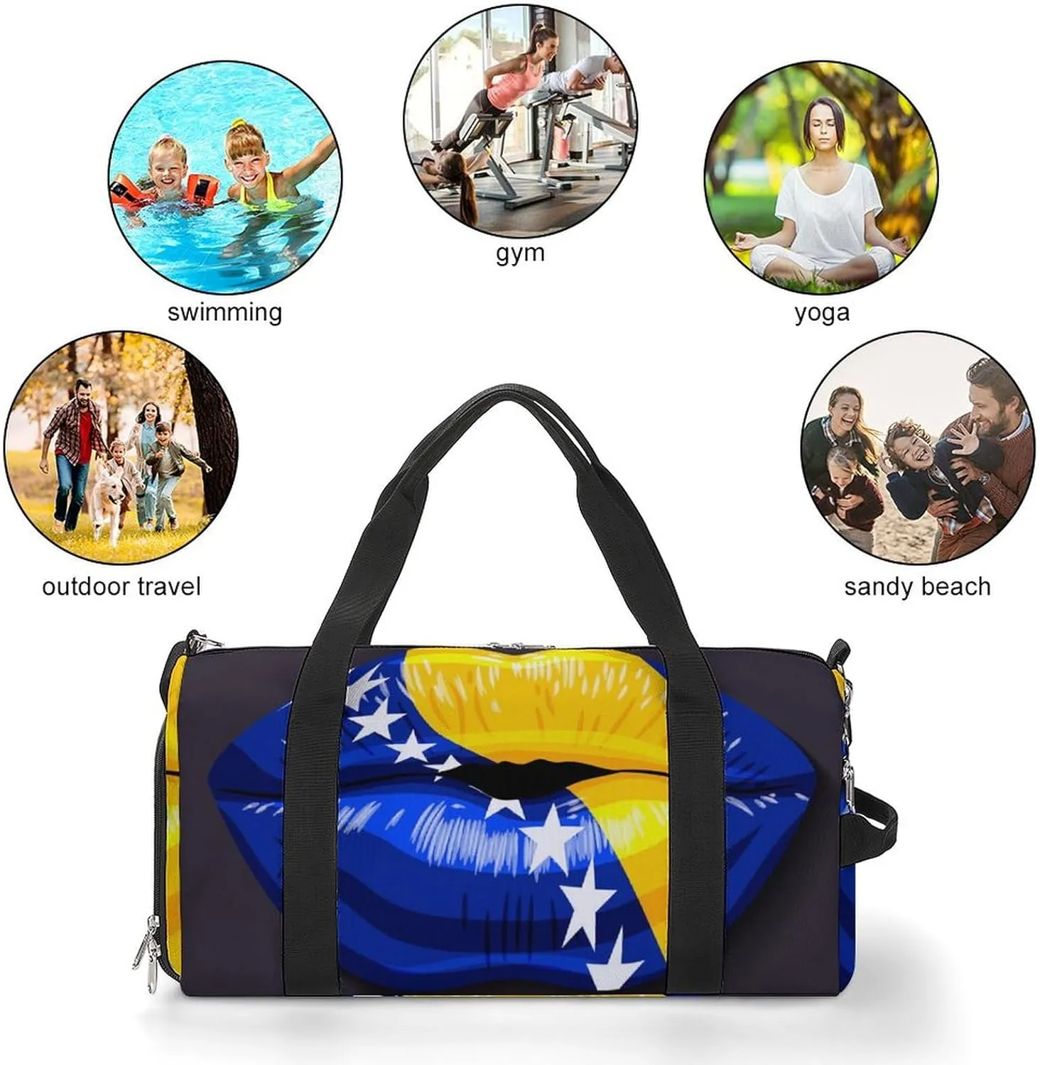 Bosnia Herzegovina Flag Lips Gym Bag for Women Men Lightweight Duffel with Shoe Compartment Weekender