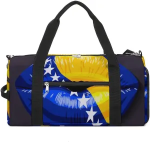 Bosnia Herzegovina Flag Lips Gym Bag for Women Men Lightweight Duffel with Shoe Compartment Weekender