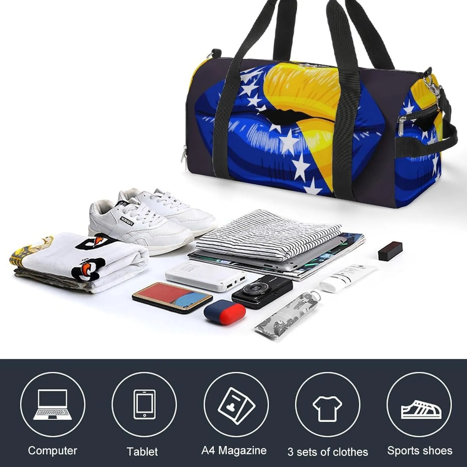 Bosnia Herzegovina Flag Lips Gym Bag for Women Men Lightweight Duffel with Shoe Compartment Weekender